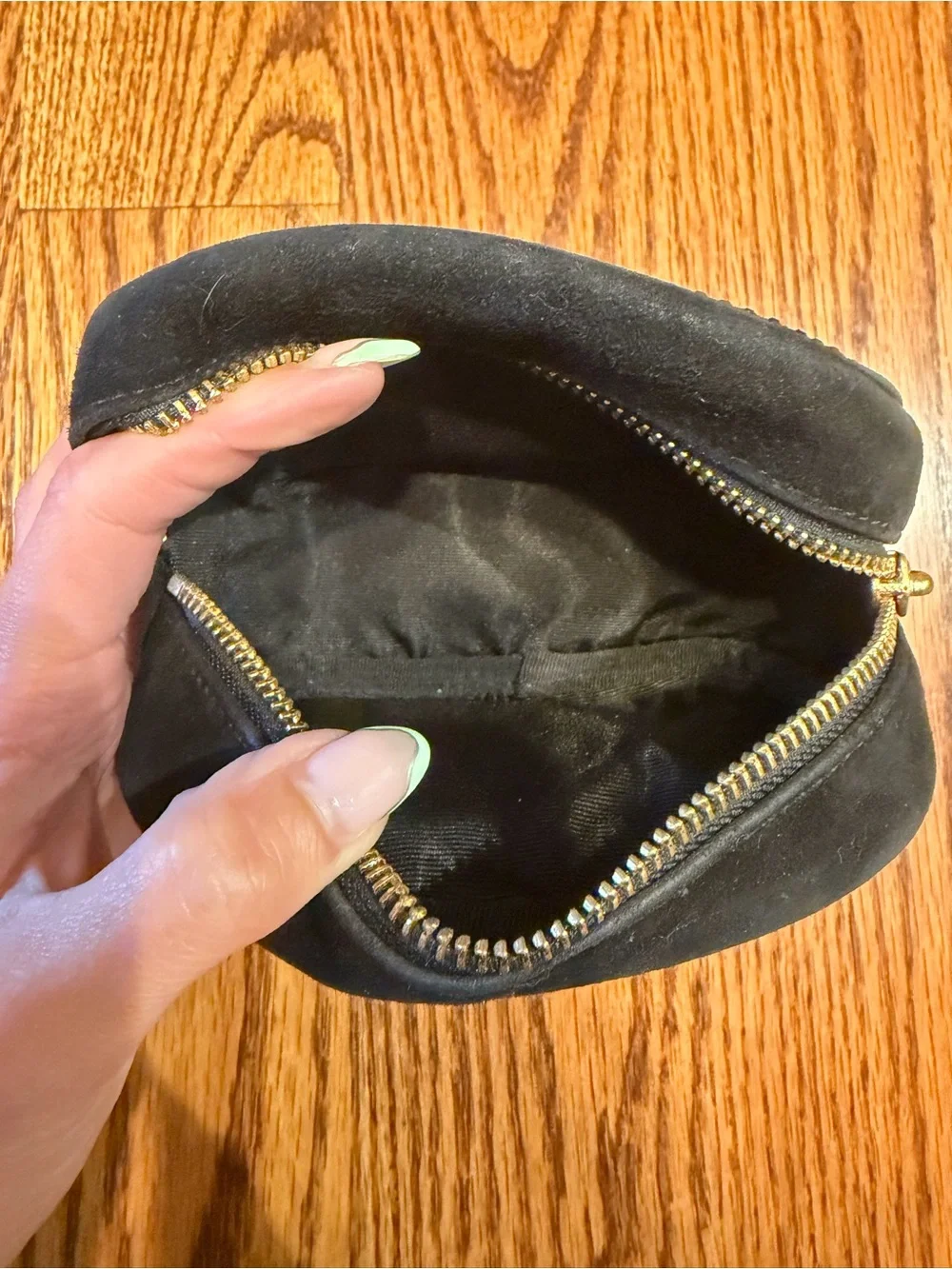 Tory Burch Black Suede Crystal-Stud Cosmetic Case with Gold Logo Charm